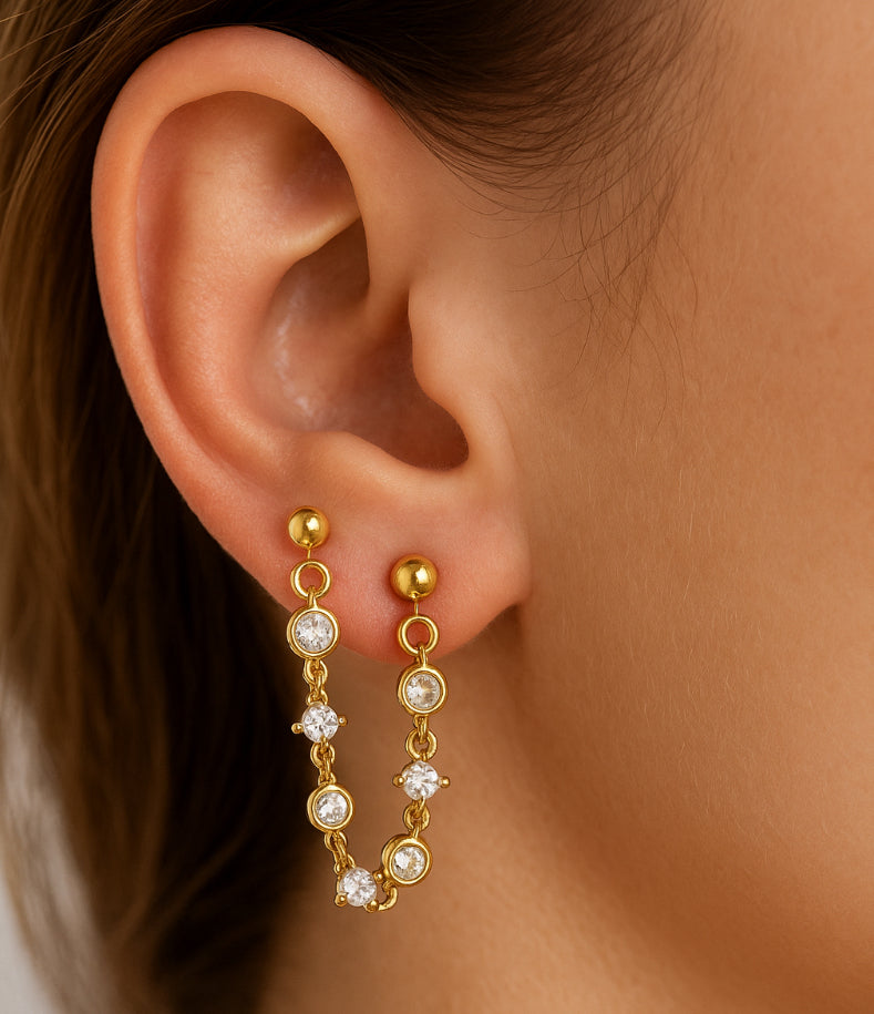 Double Pierced Golden Crystal Stud Earrings
