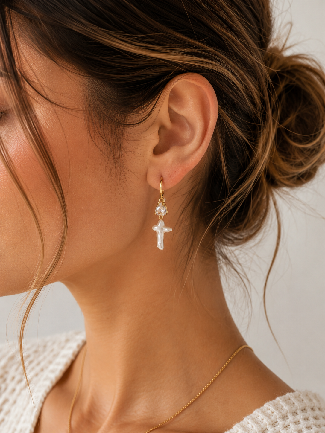 Gold Crystal & Faux Pearl Cross Lever Back Hoop Earrings