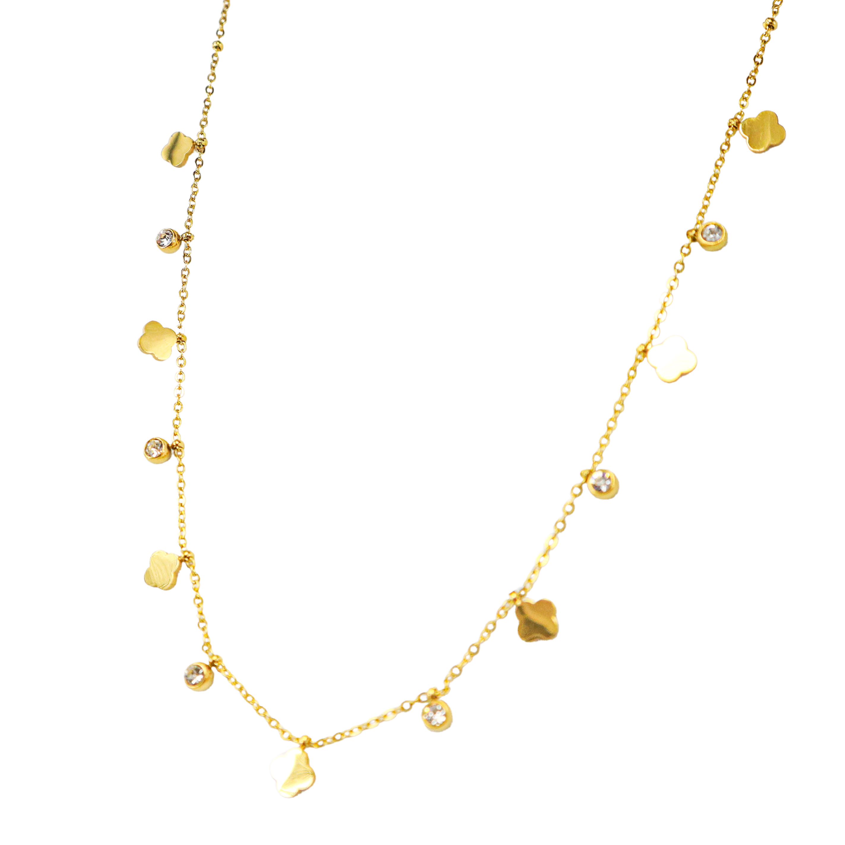 Gold Flower Clover & Diamond Charm Necklace