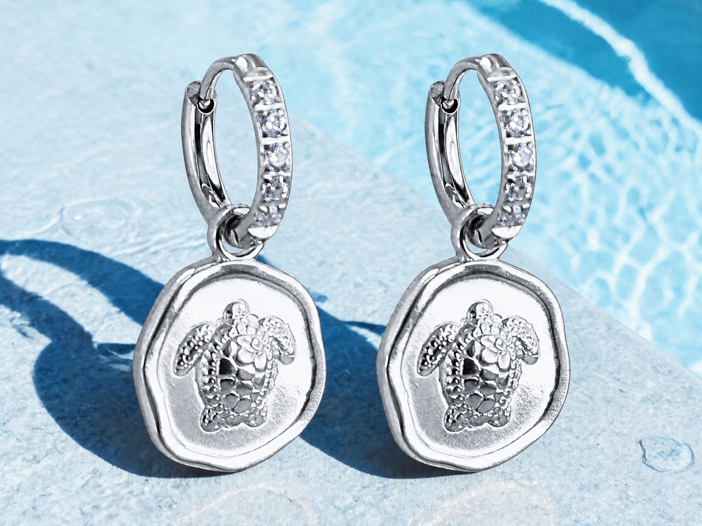 Coastal Silver Turtle Charm Hoops