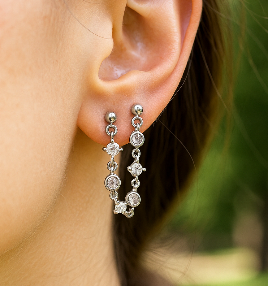 Double Pierced Silver Crystal Stud Earrings
