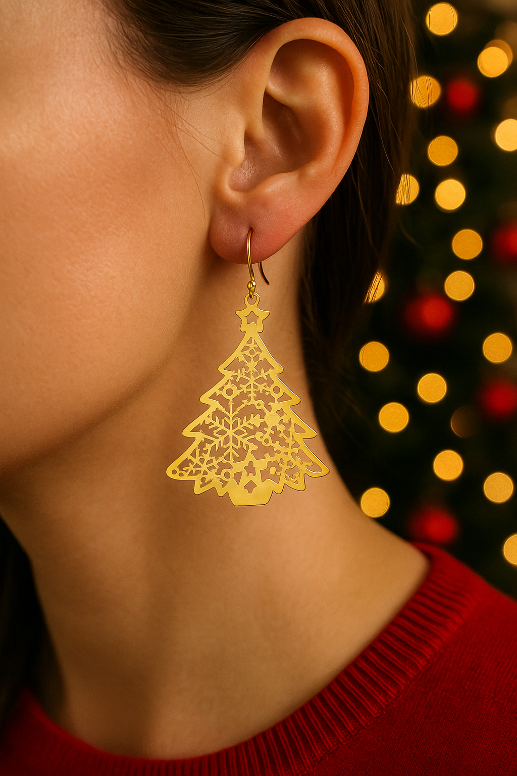Golden Christmas Tree Holiday Earrings