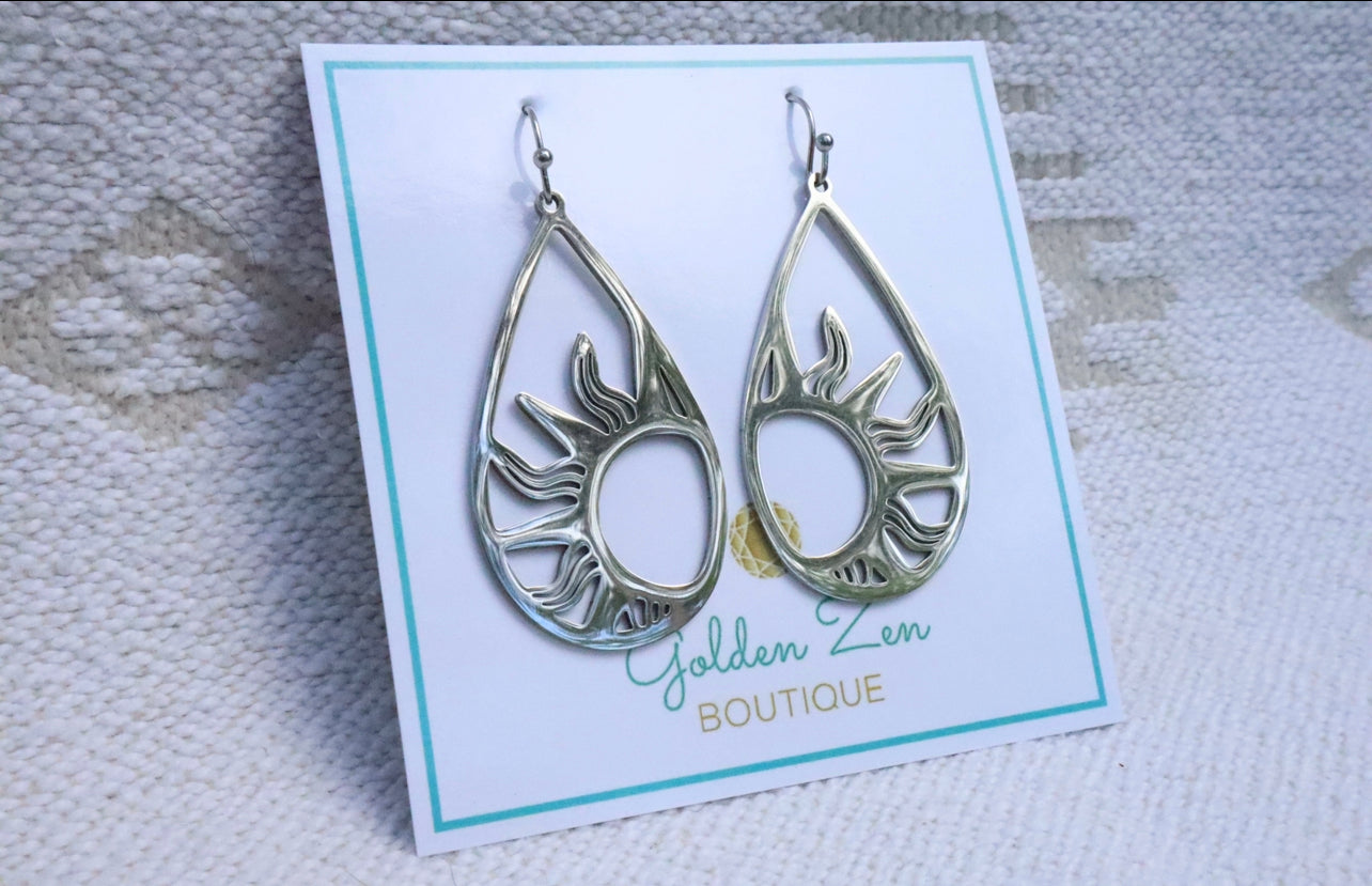 Silver Sun Tear Drop Earrings