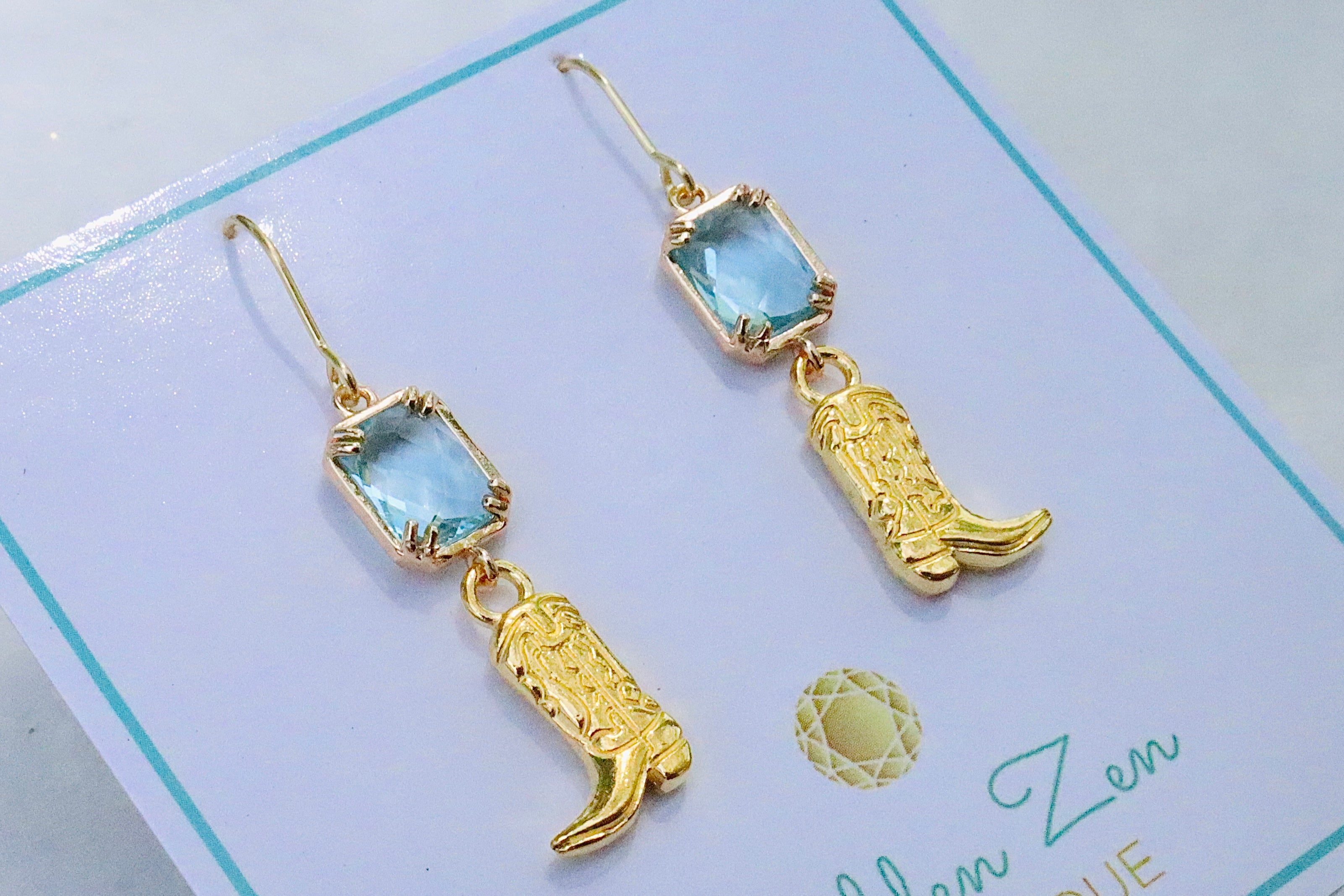 Faceted Caribbean Crystal & Gold Cowgirl Boot Earrings