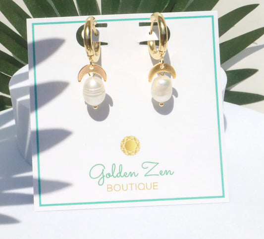 Fresh Water Pearl Crescent Moon Gold Hoop Earrings