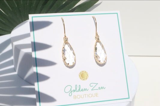 Gold & Faceted Diamond Crystal Tear Drop Earrings