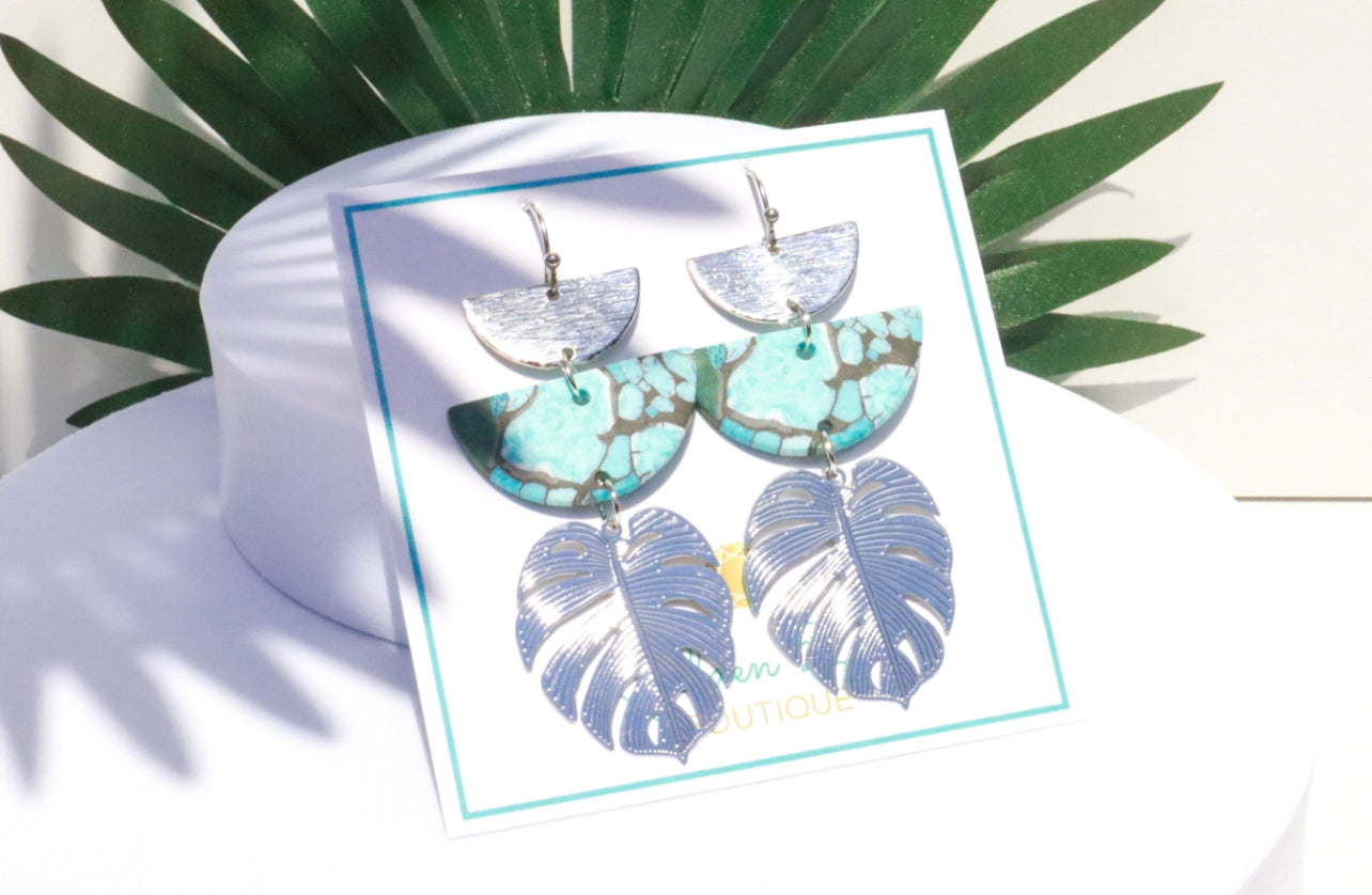 Tropical Turquoise Clay & Silver Palm Leaf Statement Earrings