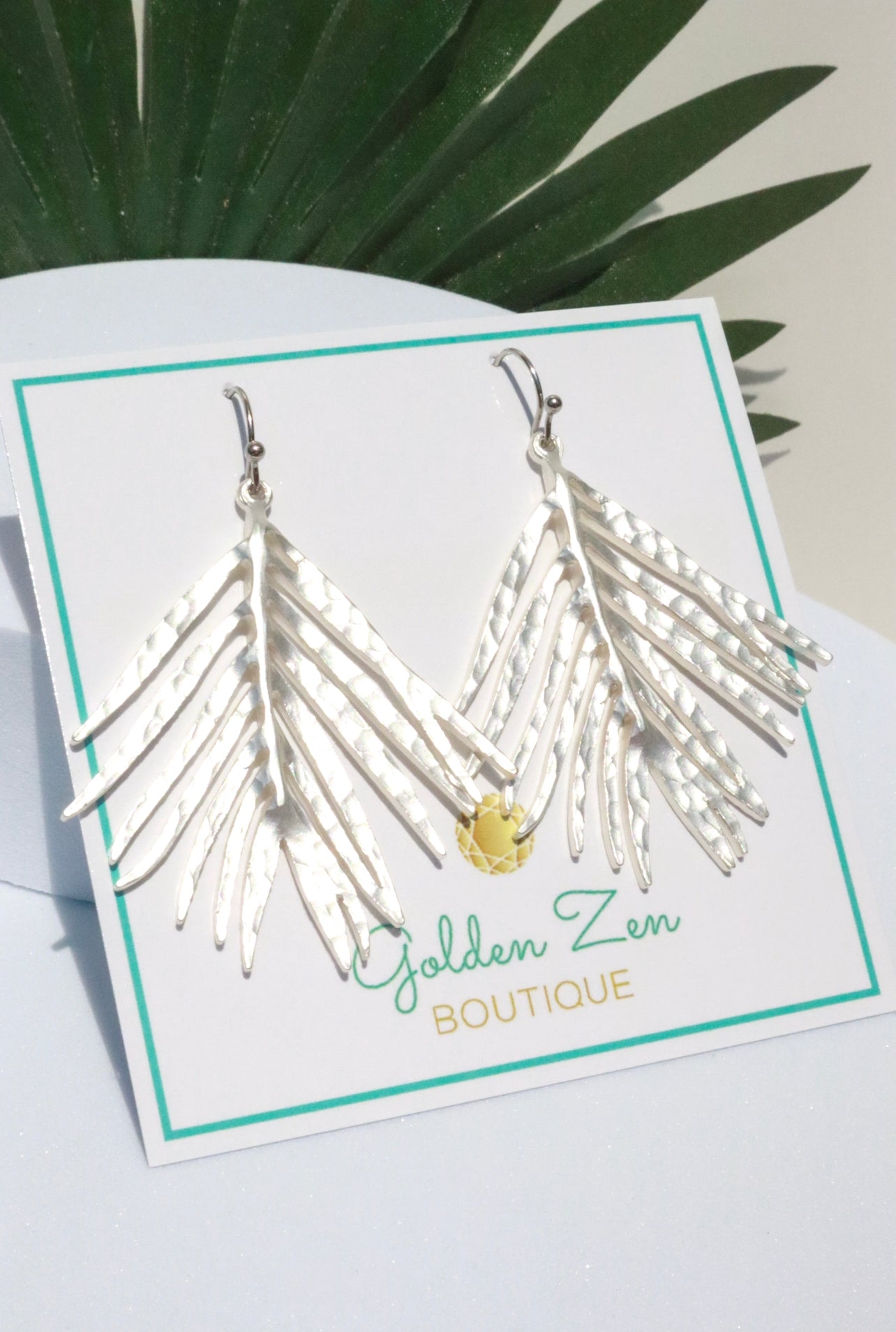 Silver Hammered Tropical Palm Leaf Earrings