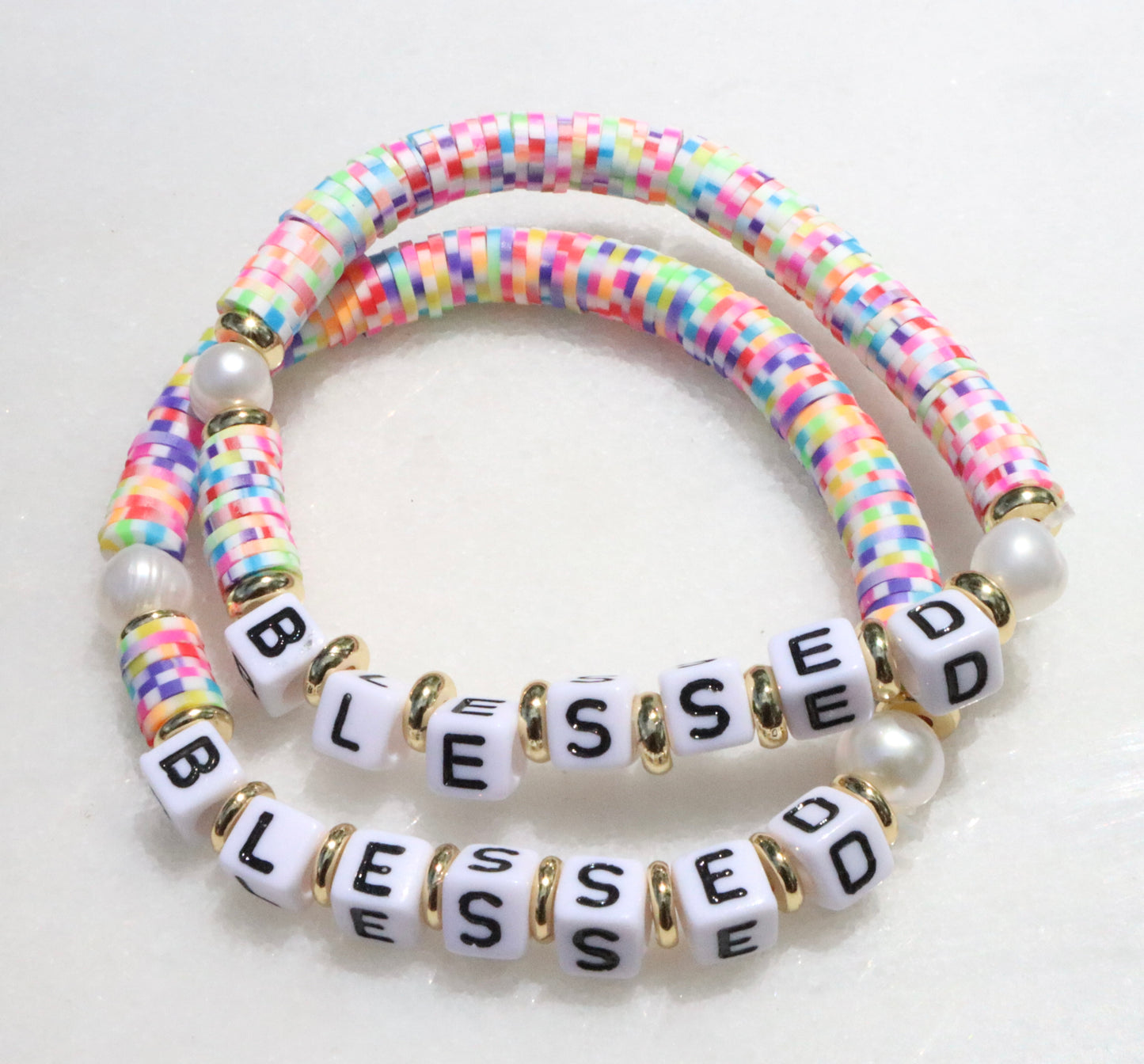 Multicolor Clay Blessed Word Bracelet