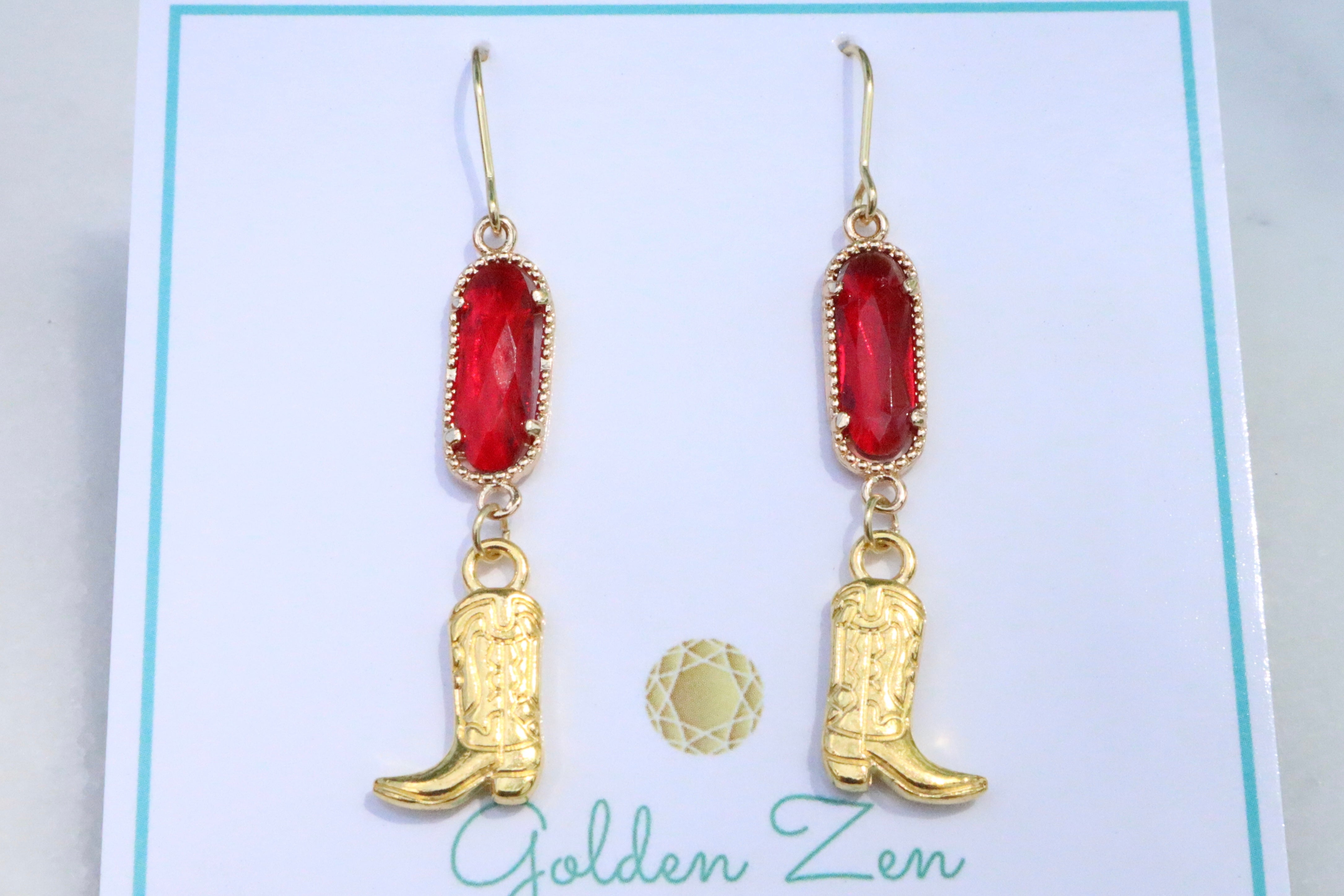 Ruby Red & Gold Cowgirl Boot Earrings
