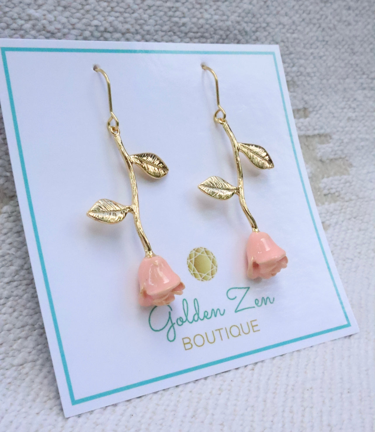 Gold & Pink Rose Flower Earrings