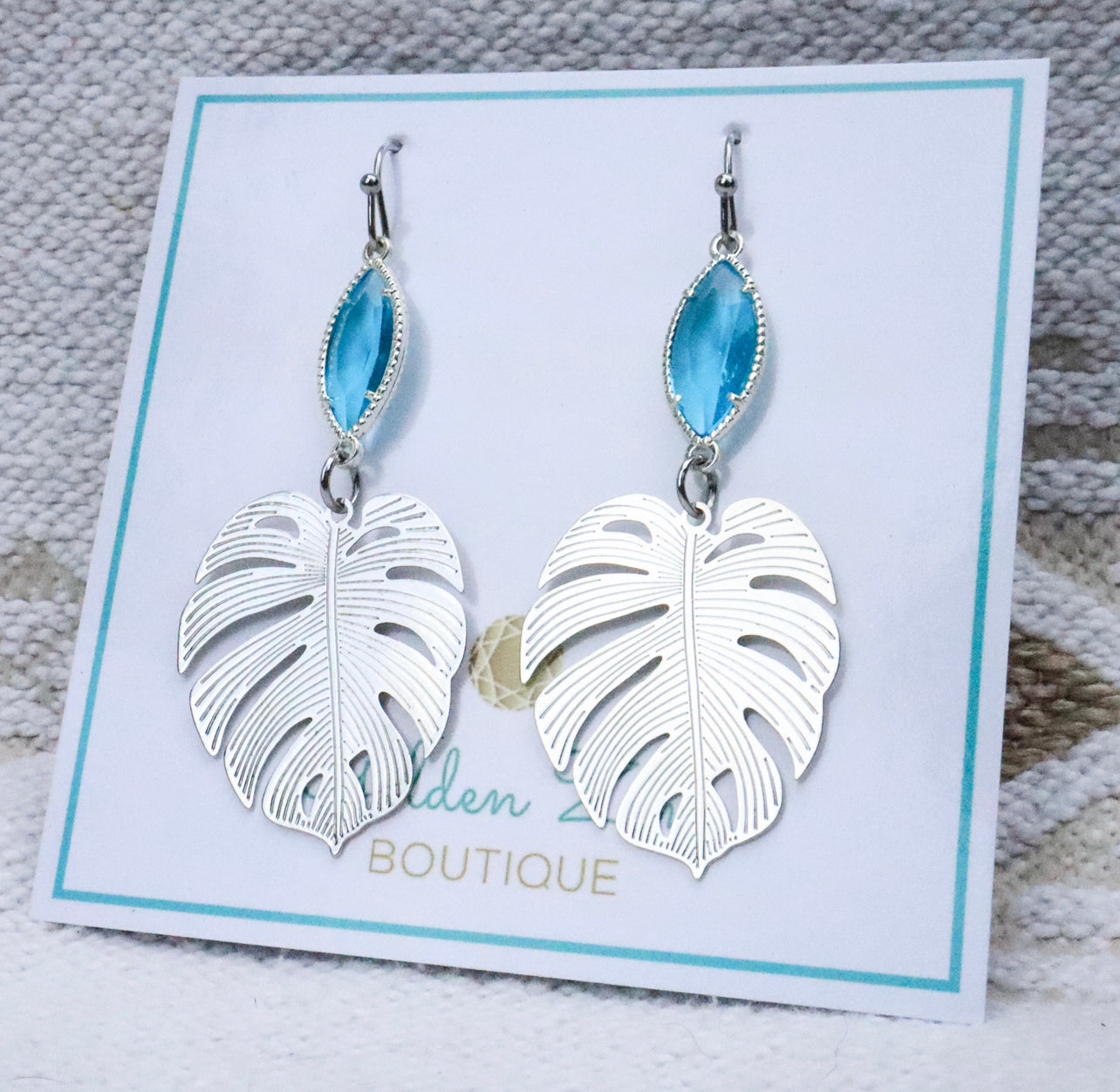 Silver & Blue Crystal Monstera Leaf Earrings