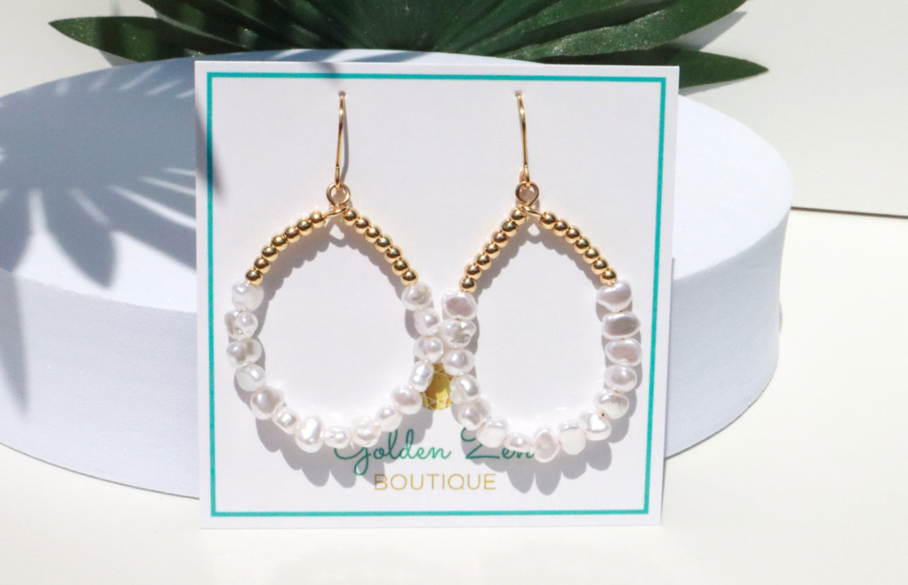 Cape Cod Pearl & Gold Beaded Hoop Dangle Earrings