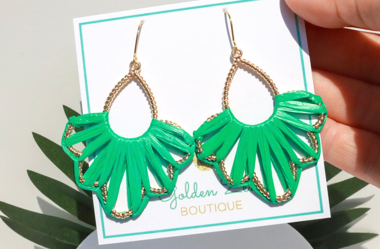 Emerald Coast Electric Green Raffia Wrapped Earrings