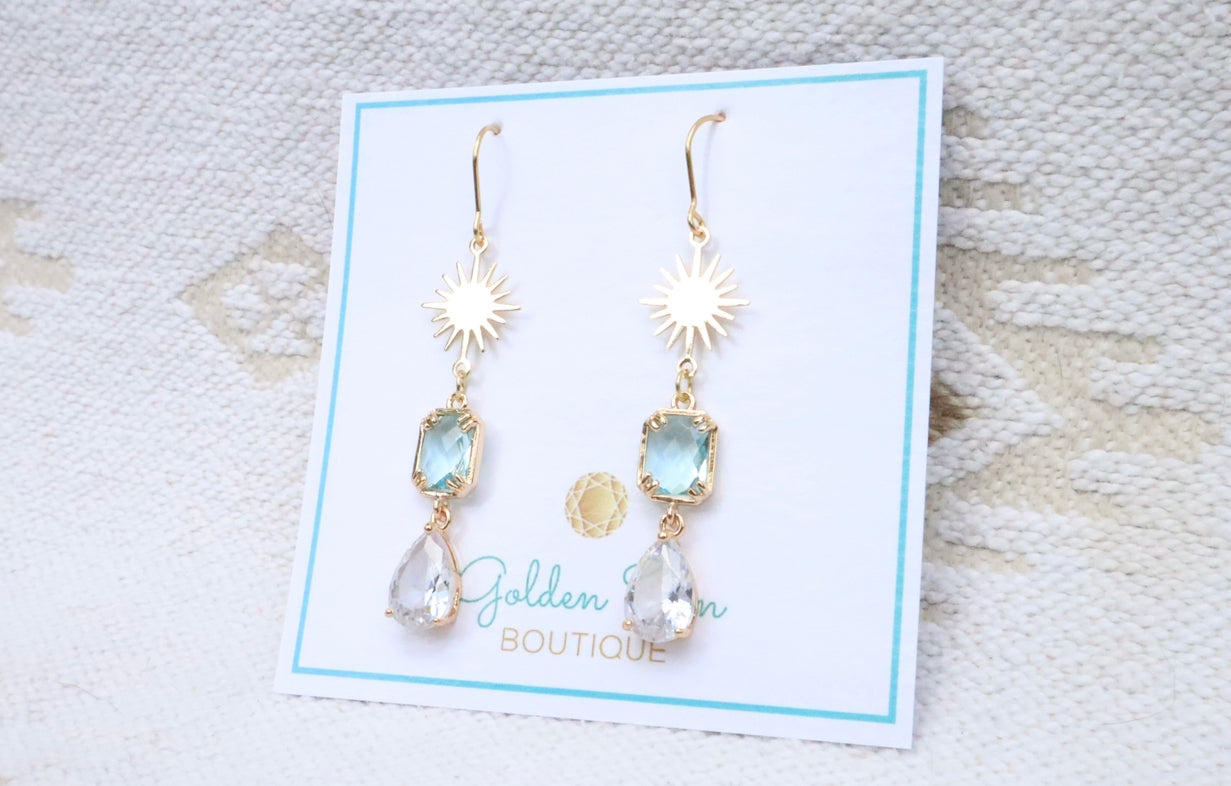 Aquamarine Crystal & Gold Star Earrings.