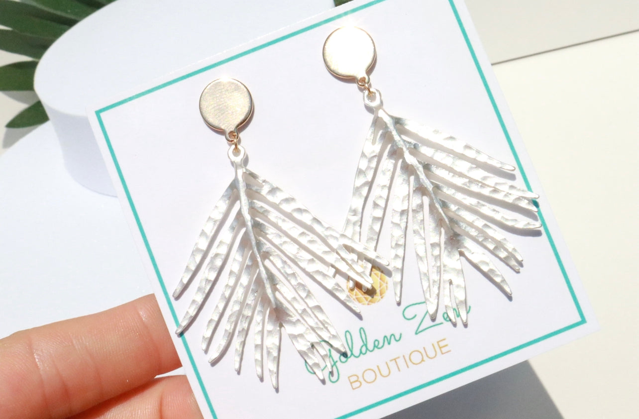 2 Tone Gold & Silver Hammered Tropical Palm Leaf Earrings