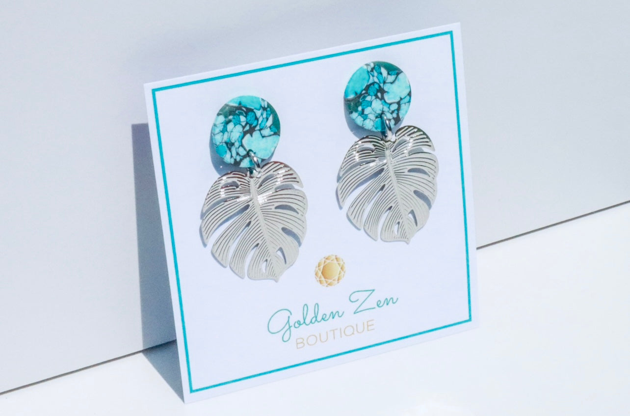 Tropical Turquoise Clay & Silver Palm Leaf Earrings
