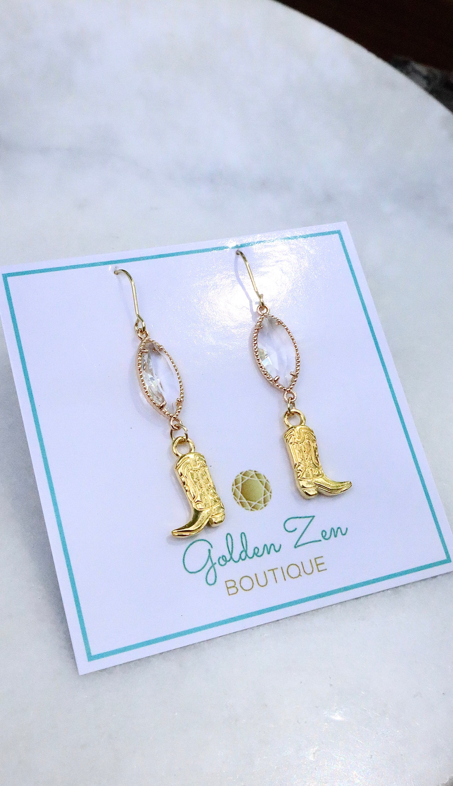 Clear Crystal & Gold Cowgirl Boot Earrings