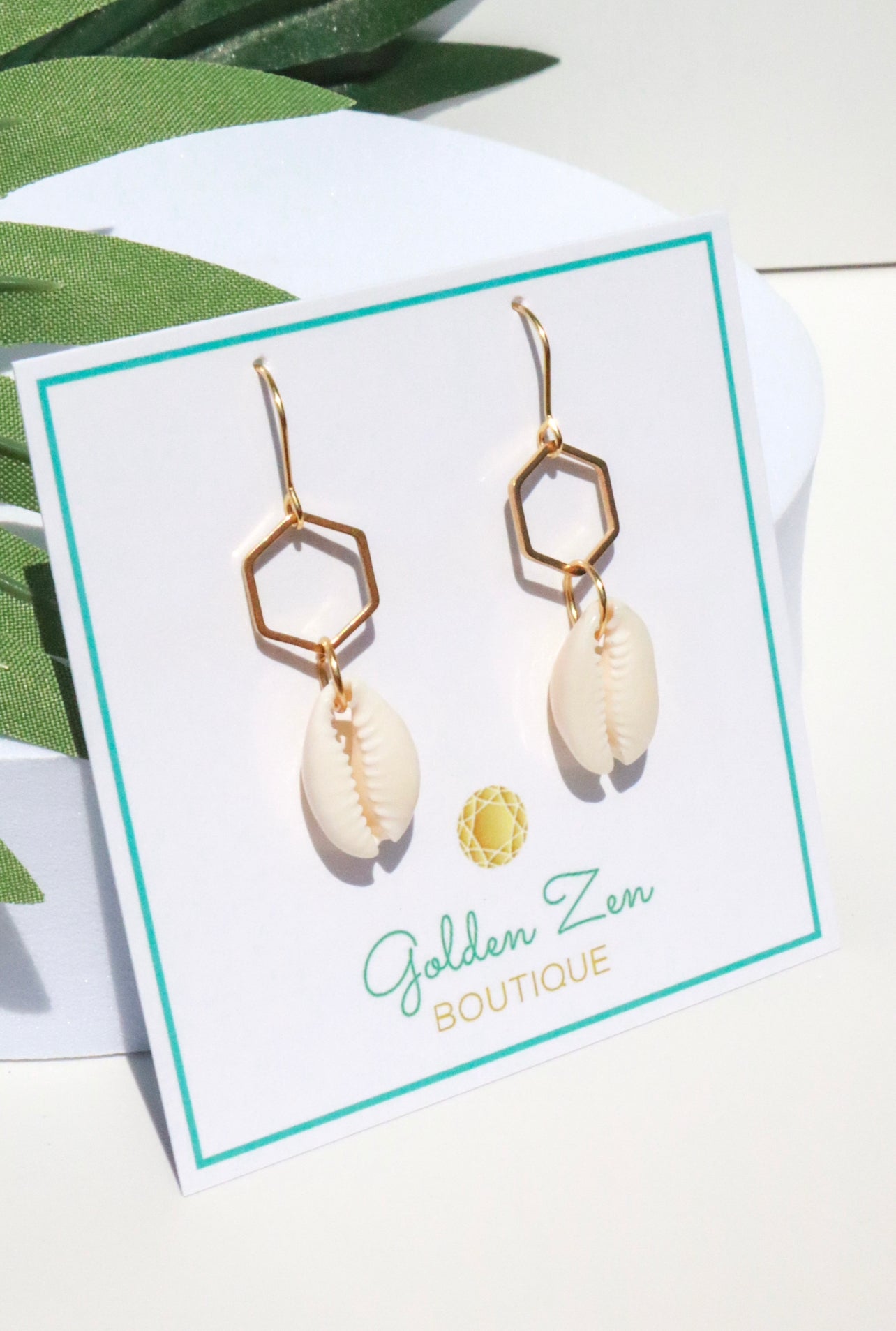 Gold Hexagon Cowrie Shell Earrings