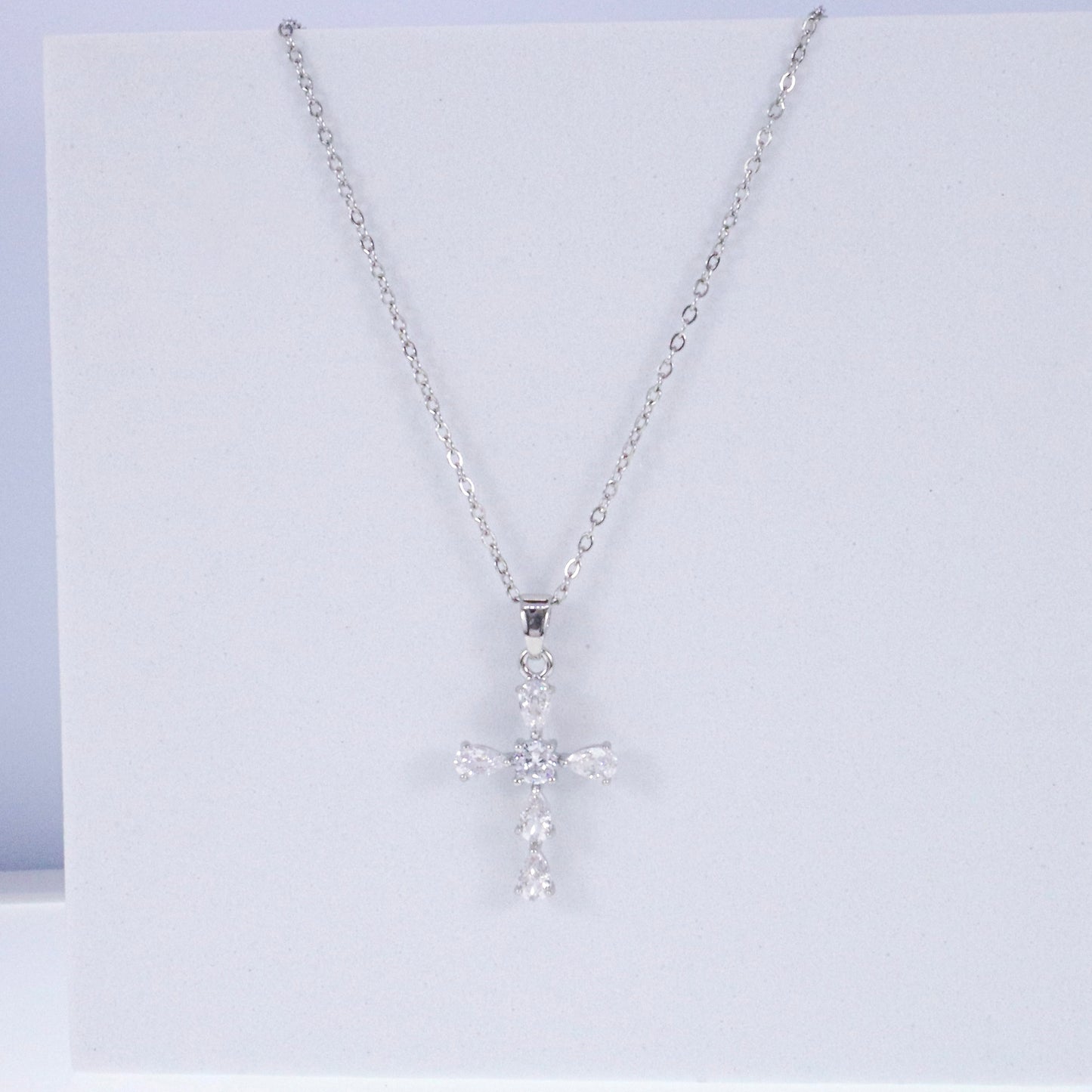 Delicate Silver CZ Cross Stainless Steel Necklace