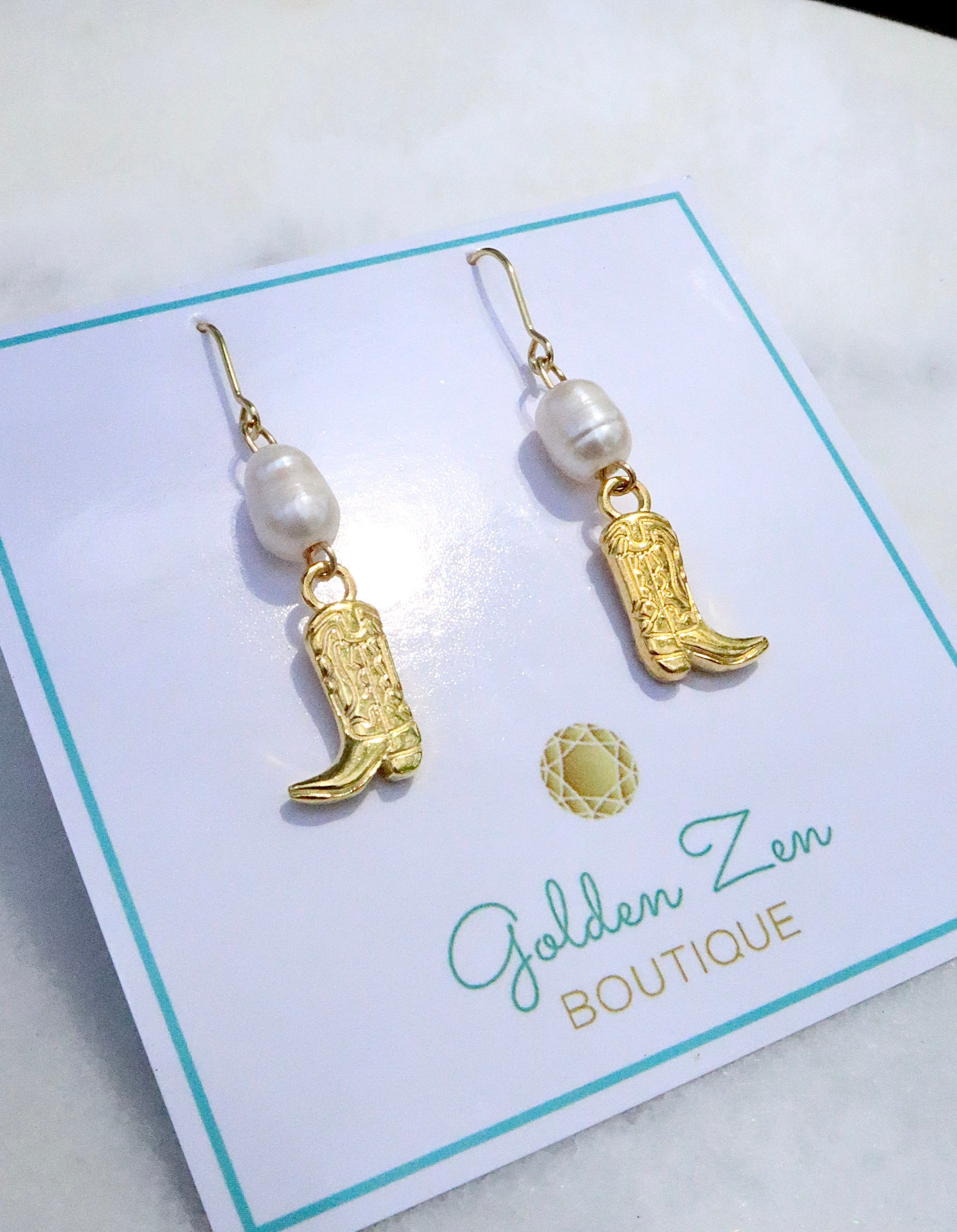 Pearl & Gold Cowgirl Boot Earrings
