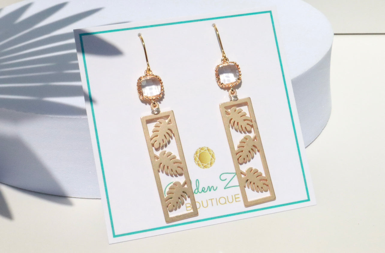 Matte Gold & Crystal Palm Diamond Dangle Earrings