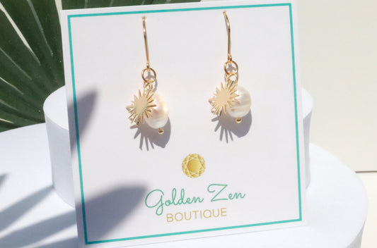 Fresh Water Pearl & Gold Sun Earrings