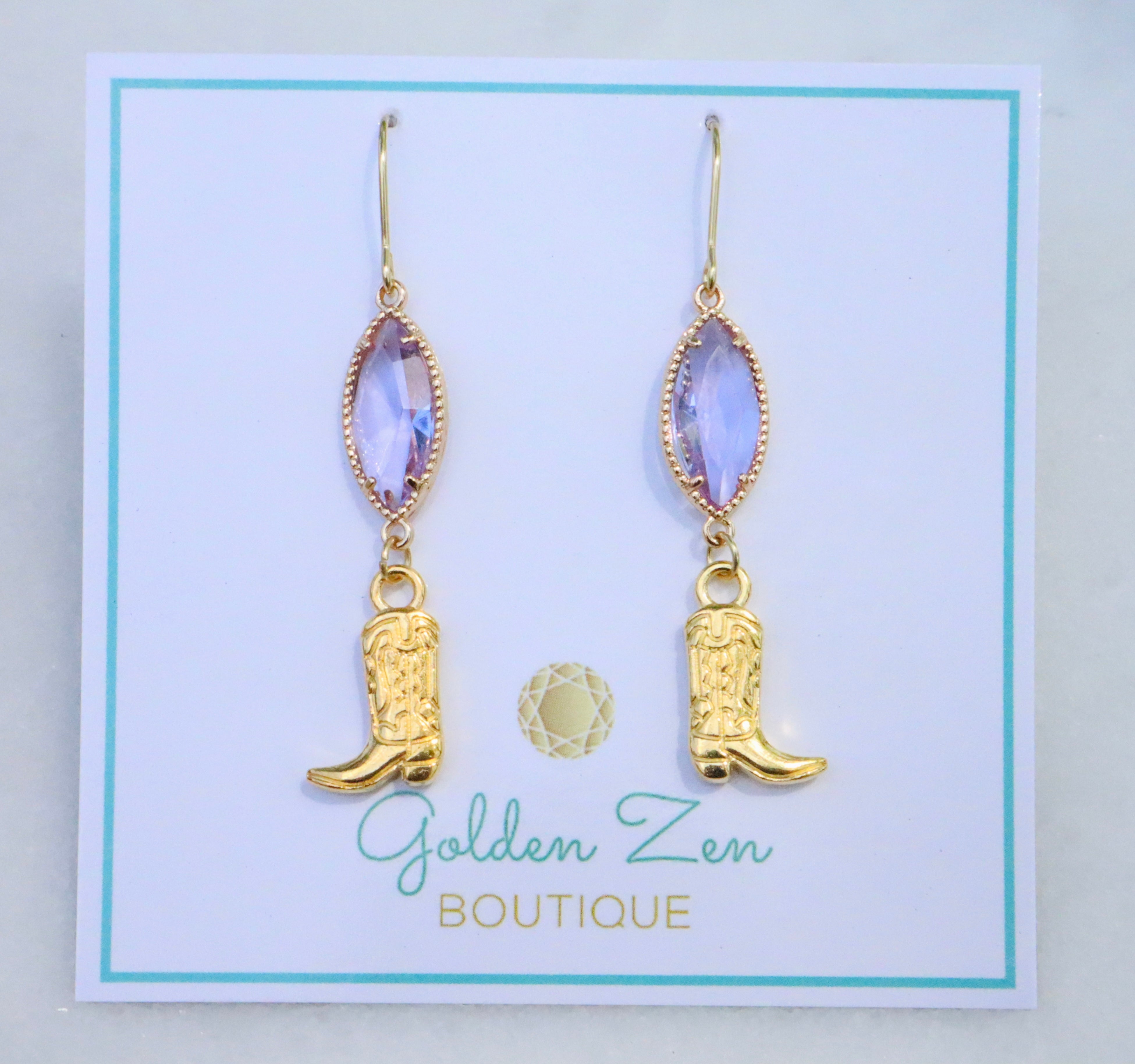 Lavender Purple & Gold Cowgirl Boot Earrings