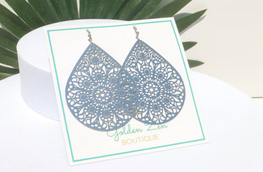 Silver Stainless Steel Filigree Disc Dangle Earrings