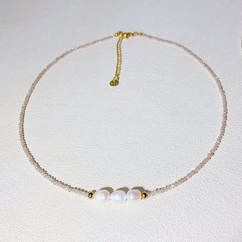 Fresh Water Pearl & Beige Crystal Necklace