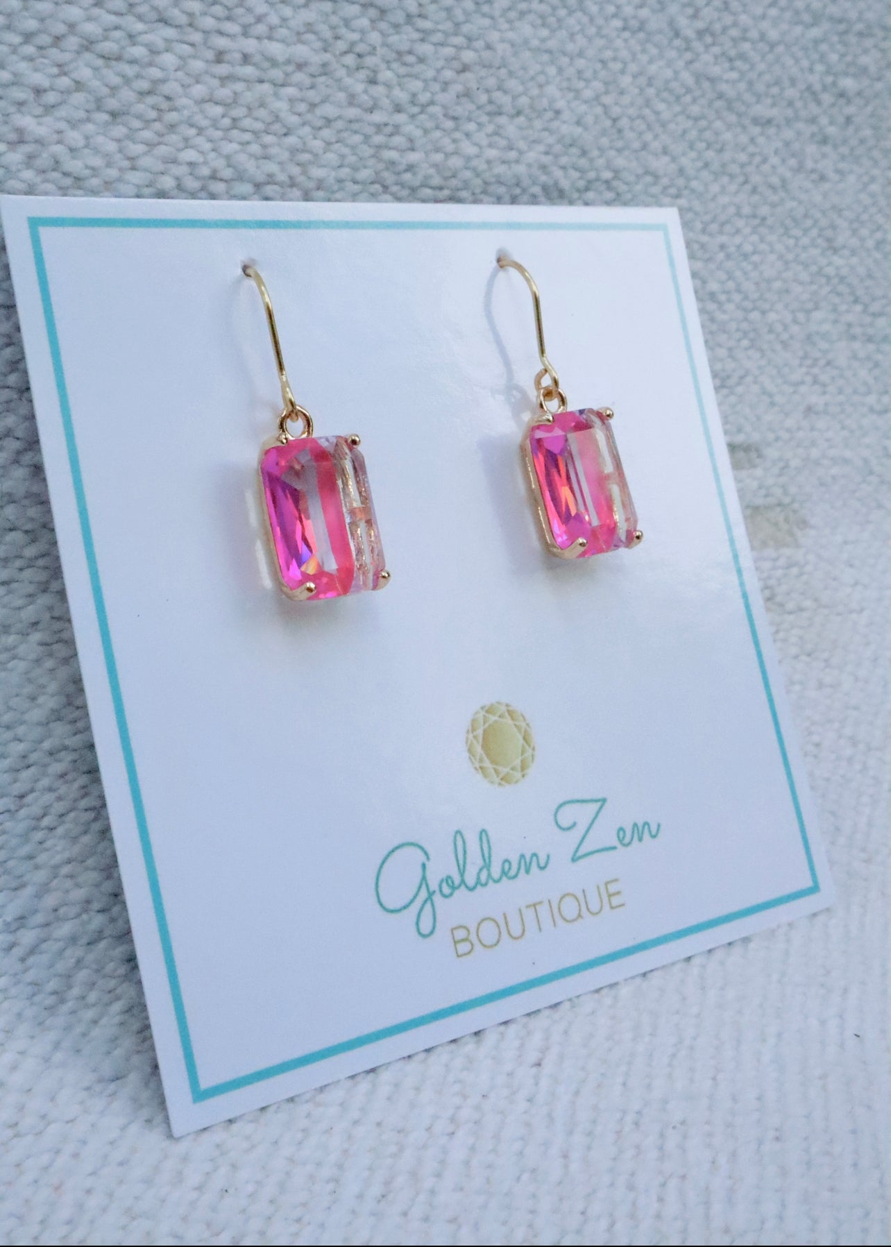 Fluorescent Pink Emerald Cut Gem Earrings
