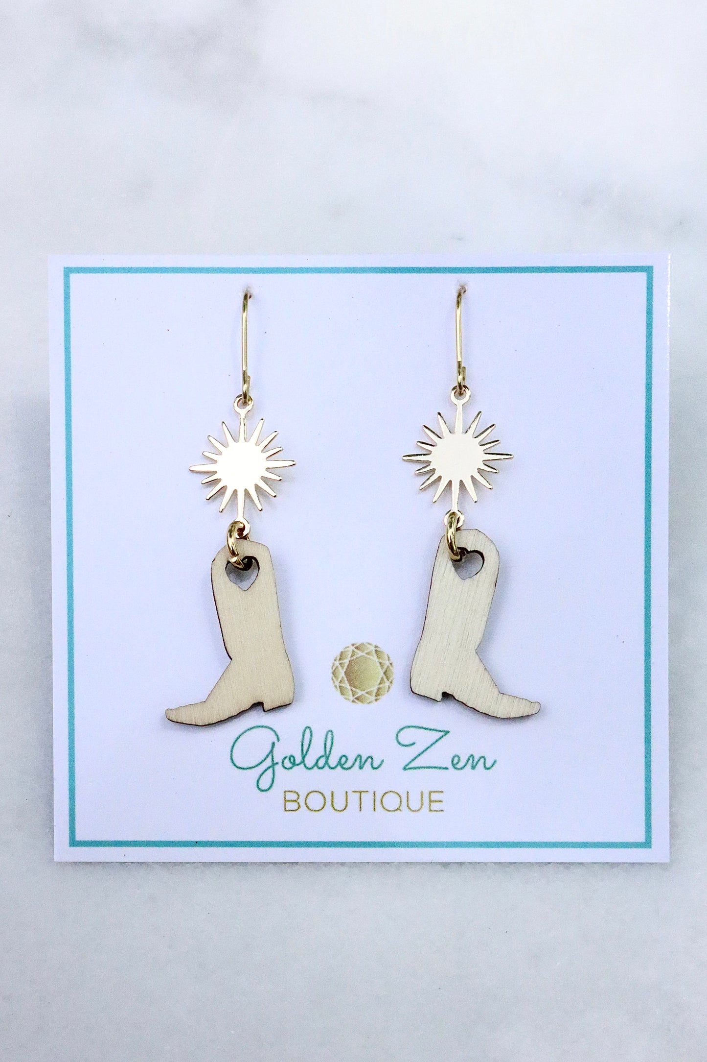 Gold Star & Wood Cowgirl Boot Earrings