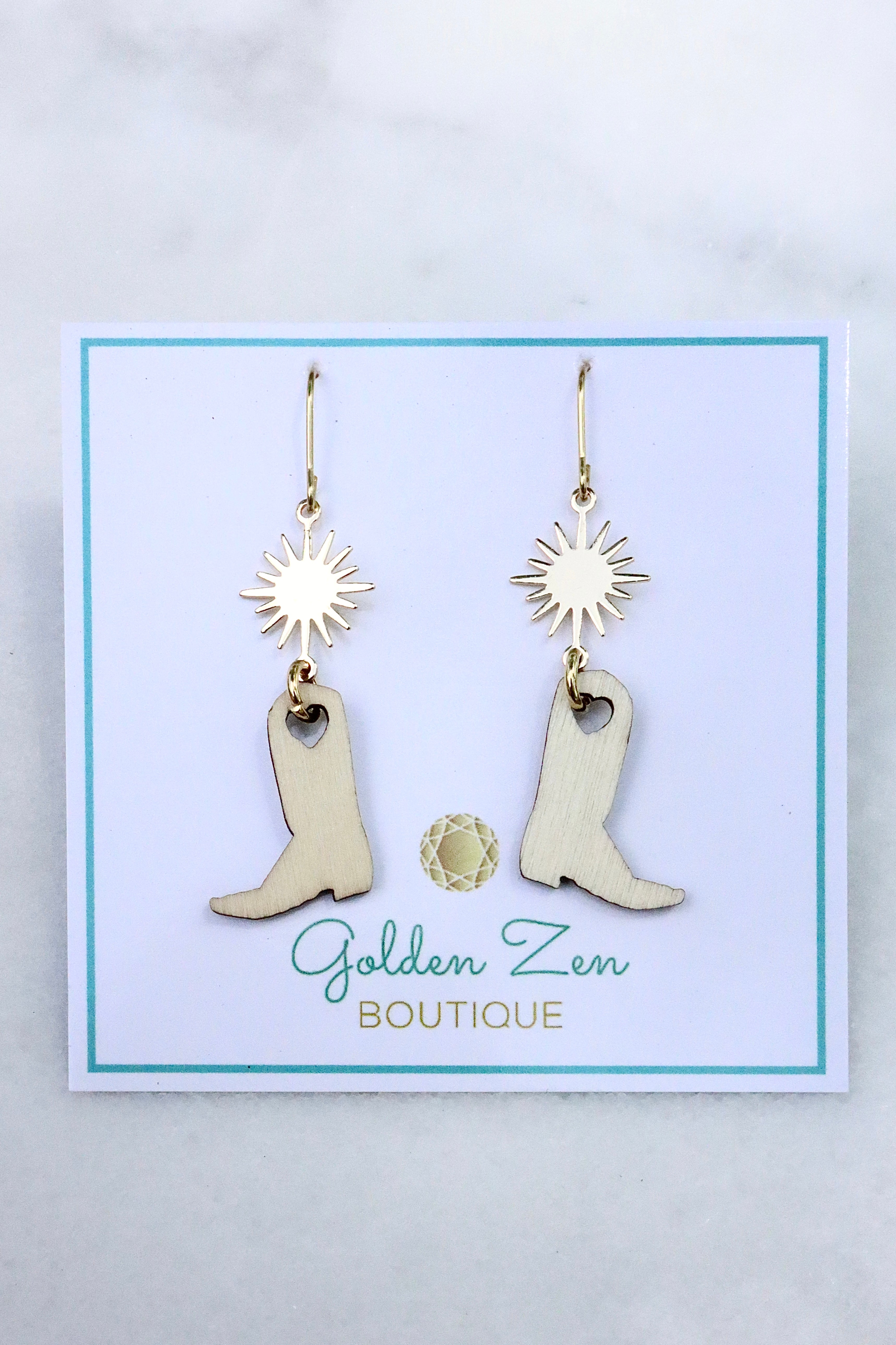 Gold Star & Wood Cowgirl Boot Earrings