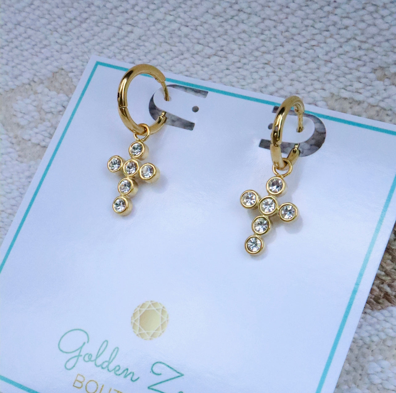 Gold & Diamond Crystal Cross Hoop Earrings