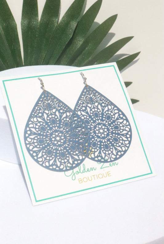Silver Stainless Steel Filigree Disc Dangle Earrings
