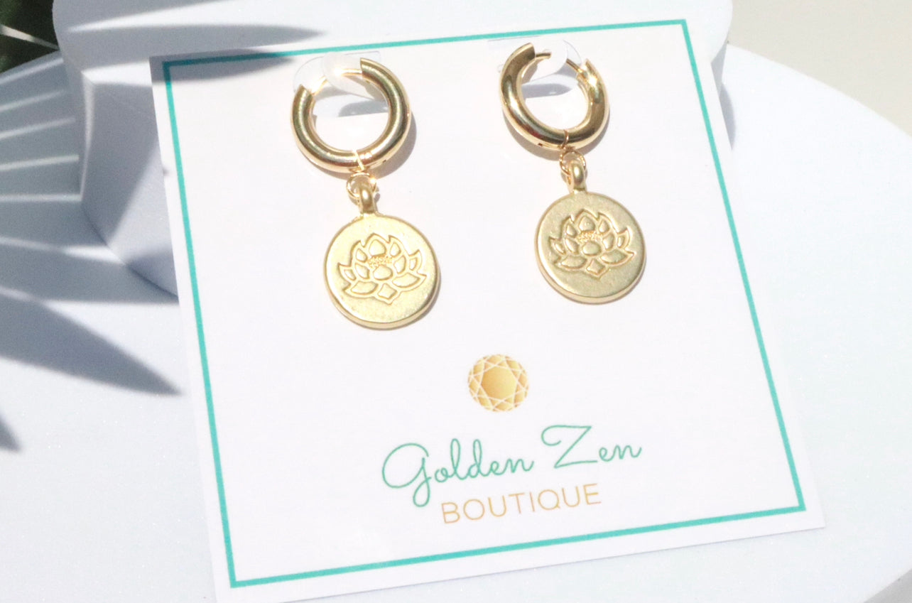 Golden Zen Lotus Flower Hoop Earrings