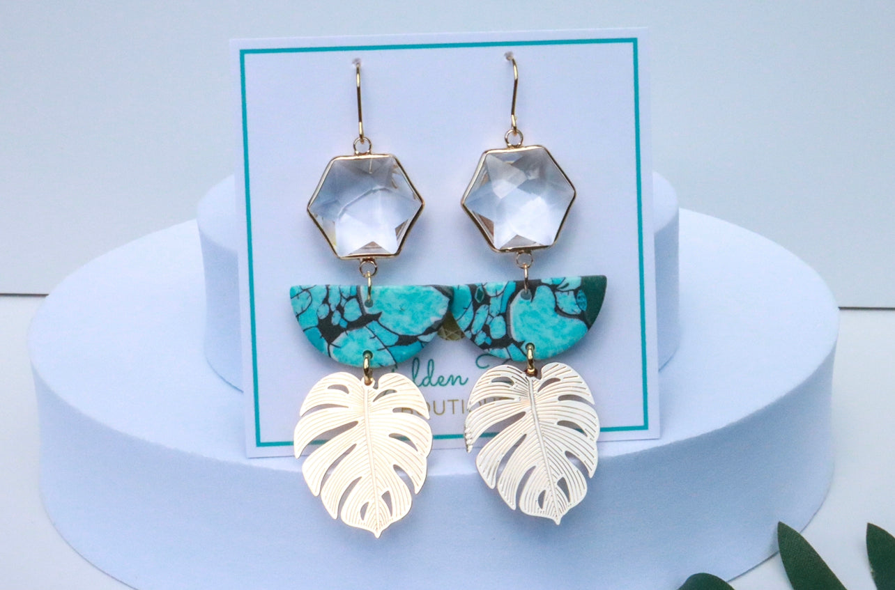 Tropical Turquoise Clay & Palm Leaf Statement Earrings