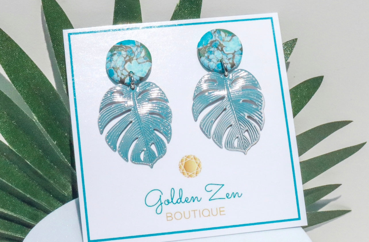 Tropical Turquoise Clay & Silver Palm Leaf Earrings