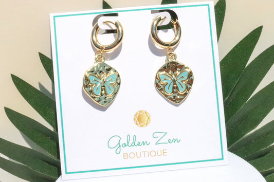 Gold & Blue Butterfly Hoop Earrings