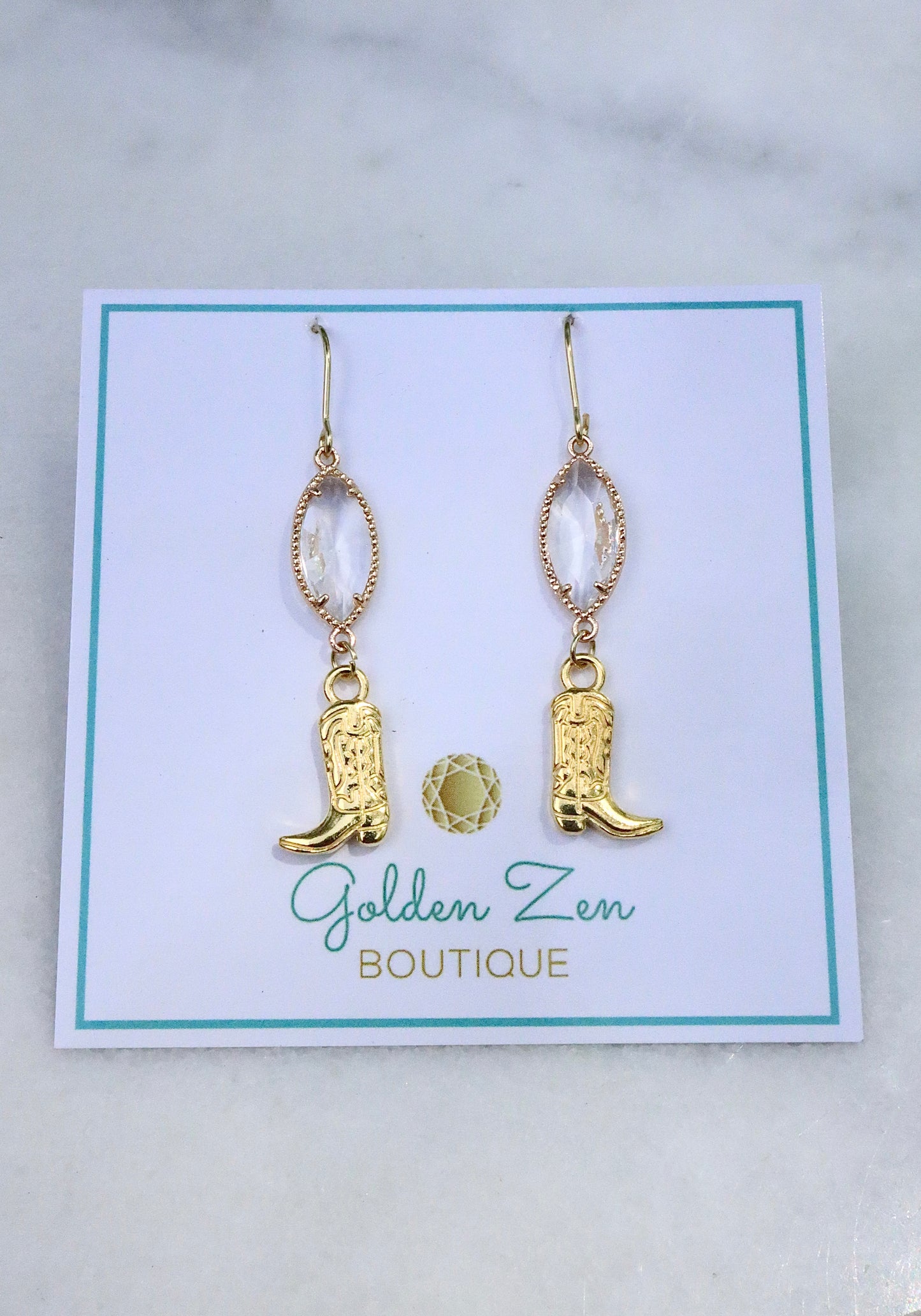 Clear Crystal & Gold Cowgirl Boot Earrings