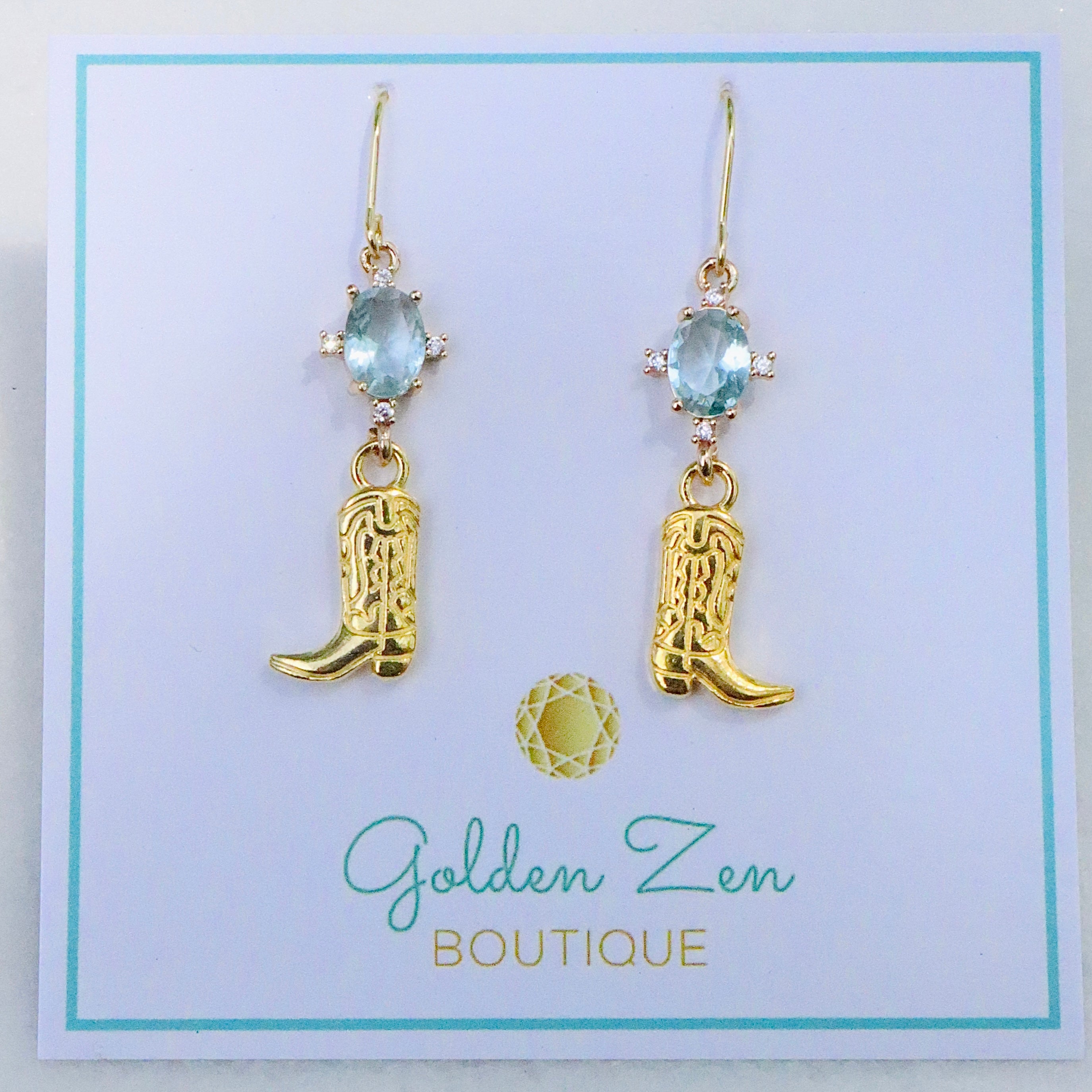 Caribbean Crystal & Gold Cowgirl Boot Earrings