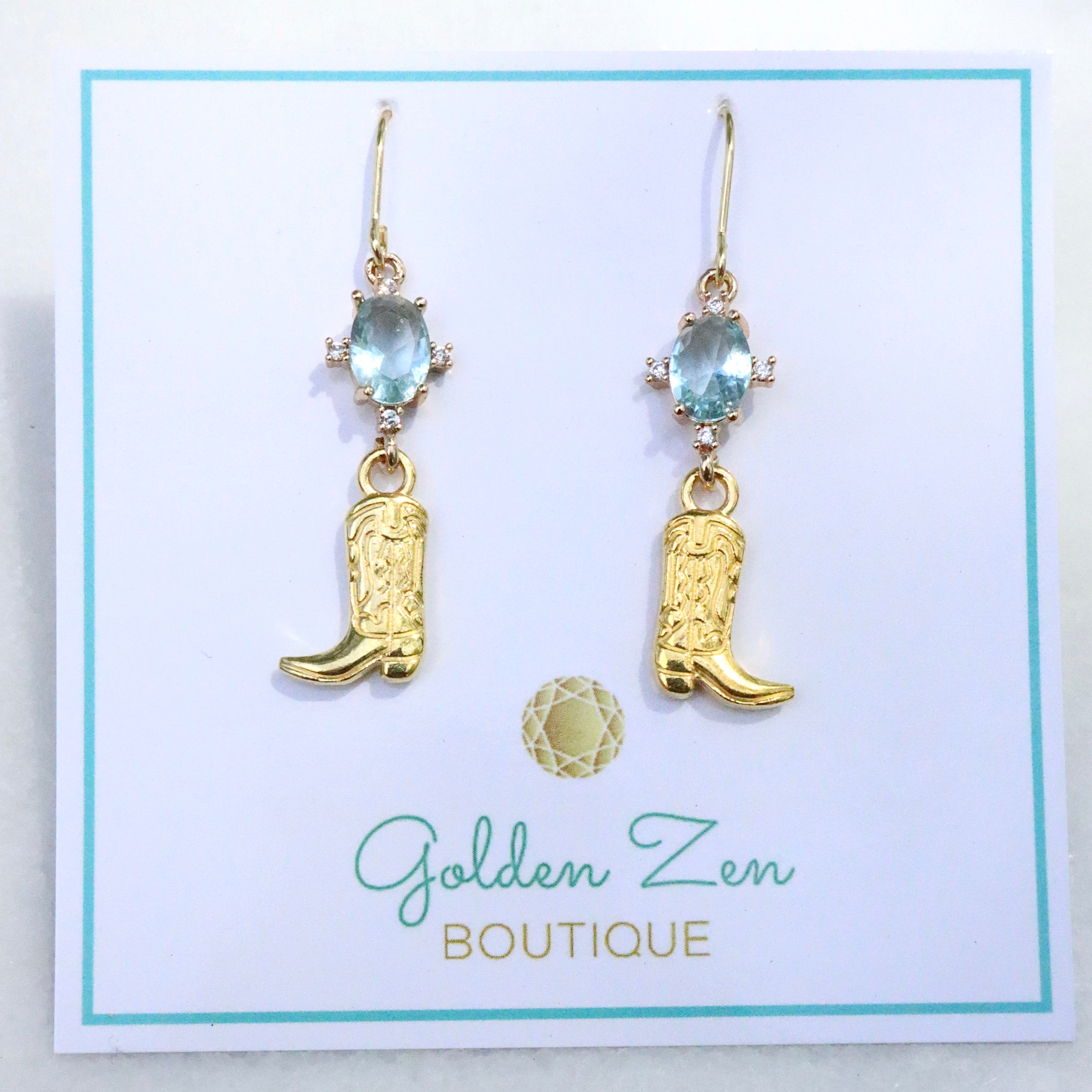 Caribbean Crystal & Gold Cowgirl Boot Earrings