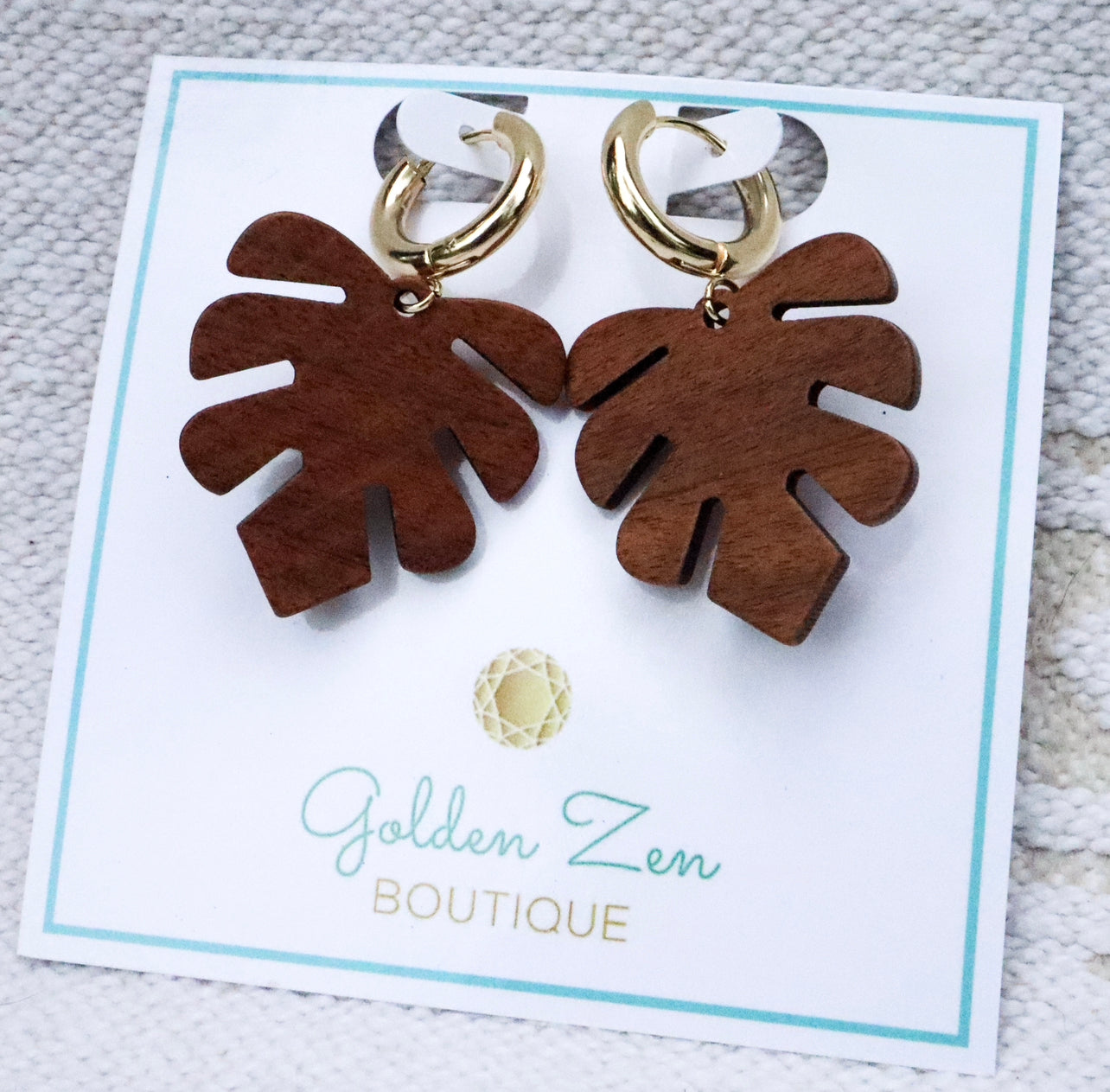 Wood Palm Leaf & Gold Hoop Earrings