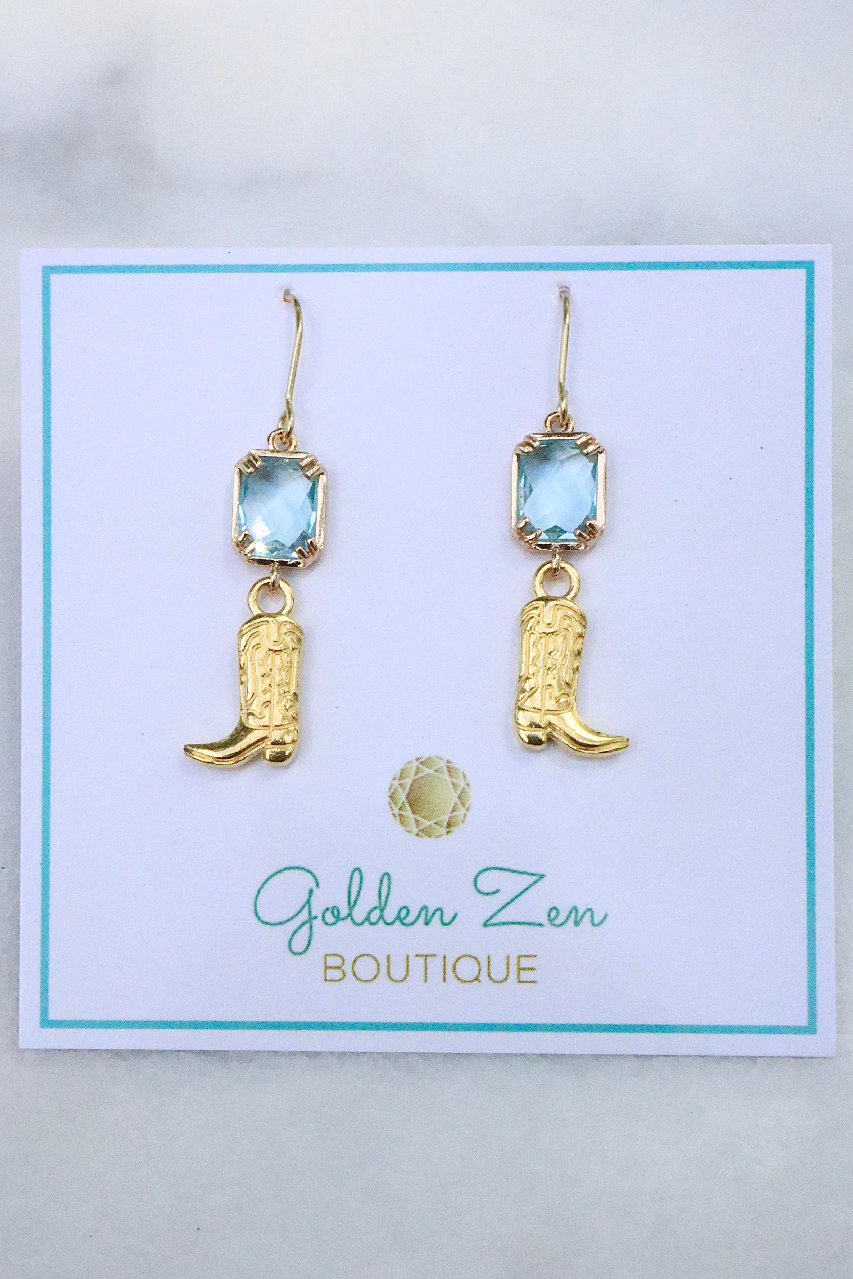 Faceted Caribbean Crystal & Gold Cowgirl Boot Earrings