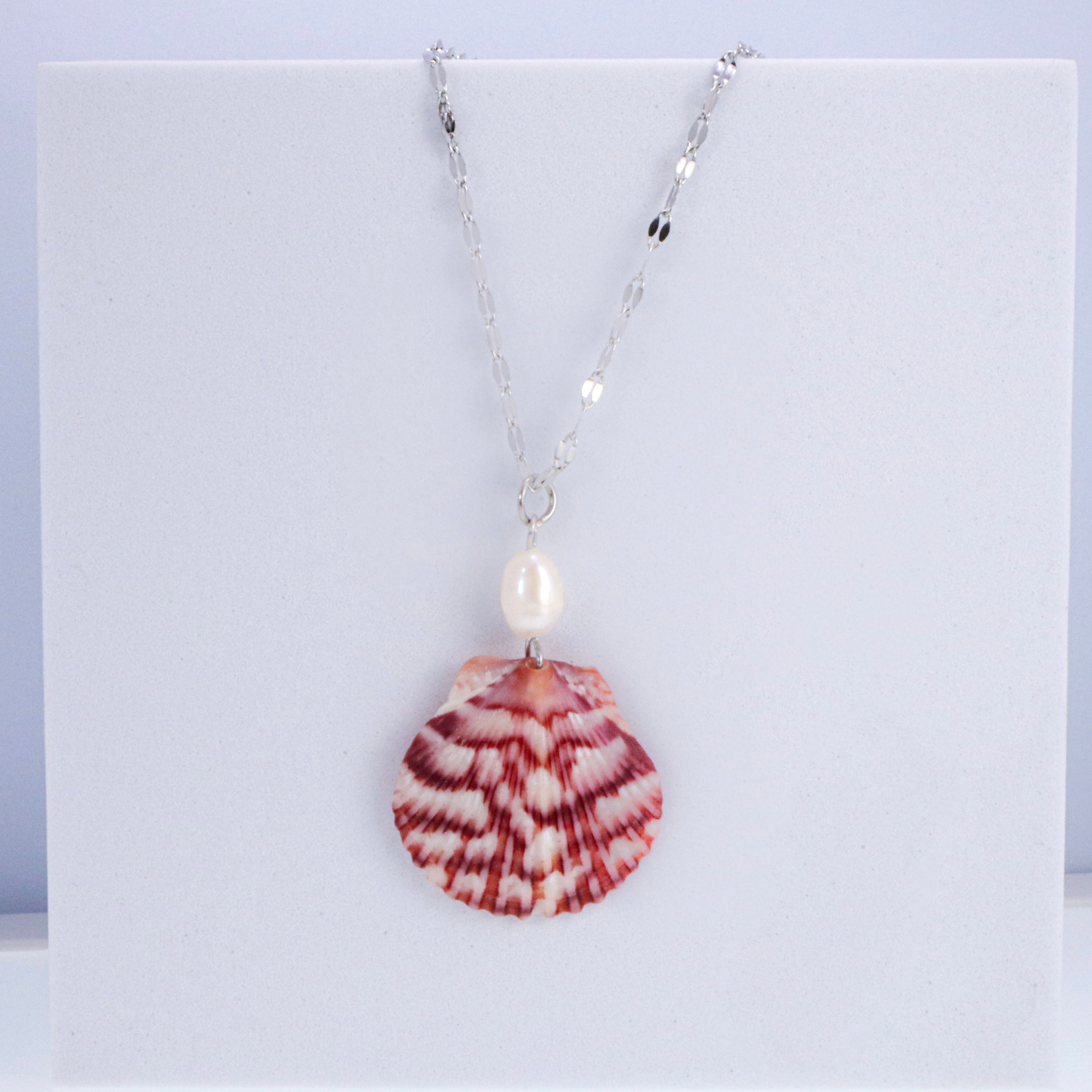 Calico Scallop Shell, Fresh Water Pearl & Stainless Steel Necklace