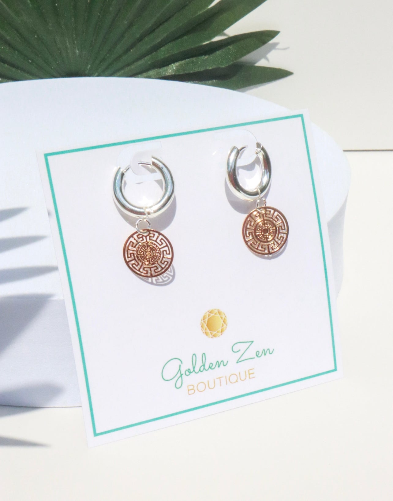 Two Tone Gold & Silver Greek Key Medallion Hoop Earrings