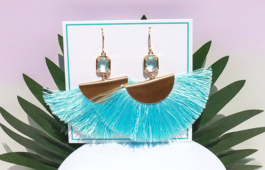 Gold & Baby Blue Tassel Statement Earrings