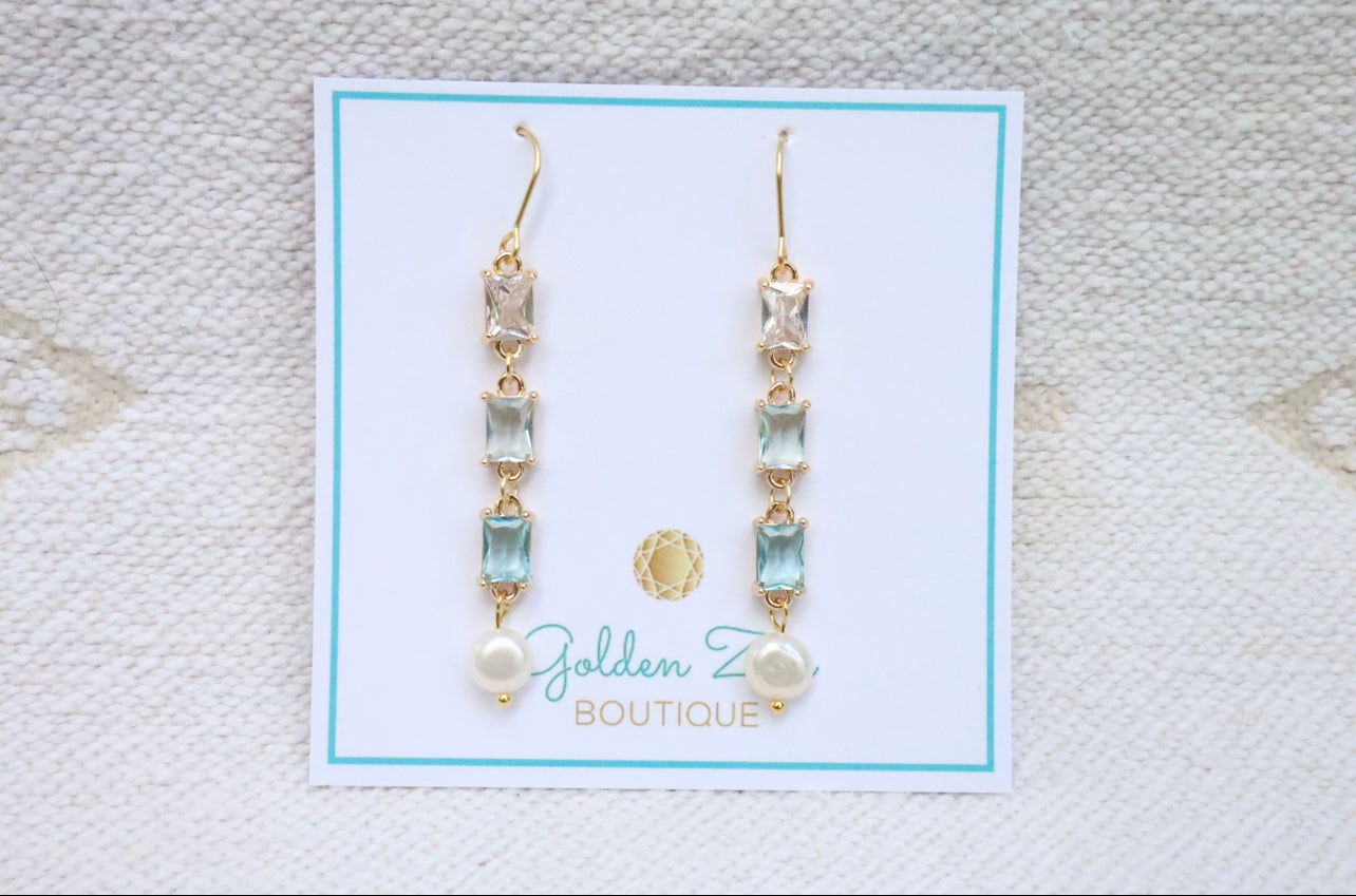 Aquamarine Crystal & Fresh Water Pearl Earrings.