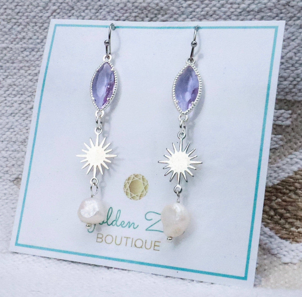 Silver, Lavender Purple & Pearl Sun Earrings