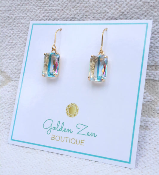 Fluorescent Aquamarine Emerald Cut Gem Earrings